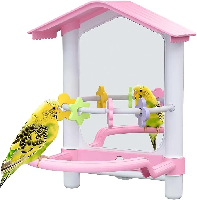 Lightweight 8.1 Inch Pet Bird Mirror with Perch Stand and Parakeet Chew Toys Parrot Toys Refined
