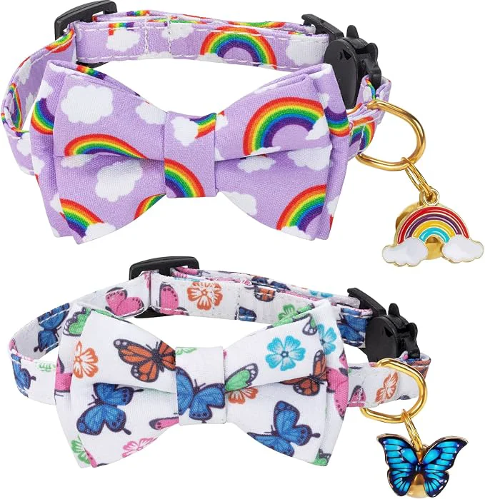 Smooth Breakaway Cat Collar with Cute Bow Tie Bell 2Pack Rainbow Butterfly Pattern Luxury