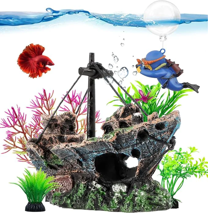 Functional 6 Pcs Aquarium Decor Set Shipwreck Decoration Little Diver Floating Fish Tank Luxury