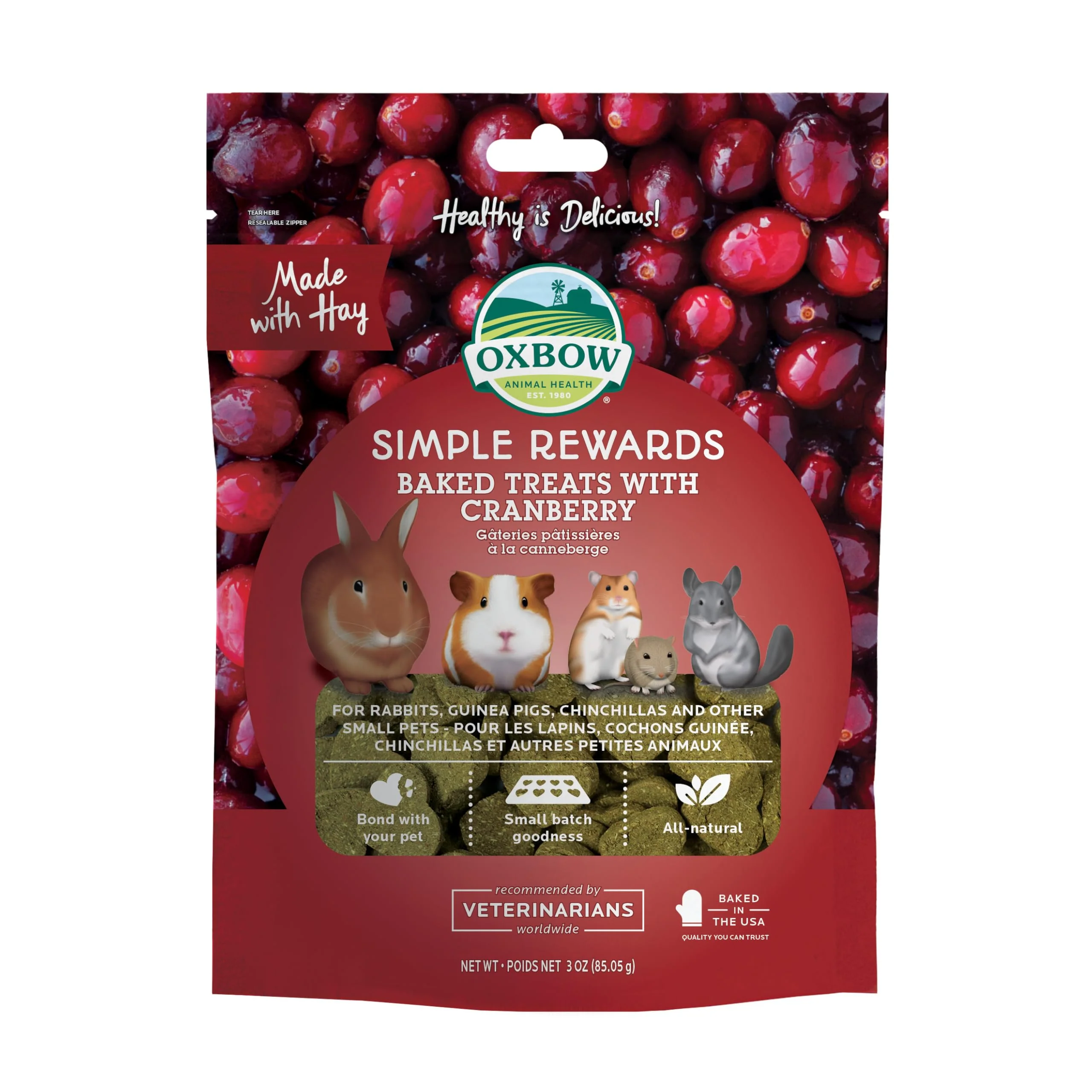 Next-Generation Oxbow Simple Rewards Baked Cranberry Treats for Rabbits Guinea Pigs Timothy Hay Snack Made in USA 3 oz Fine