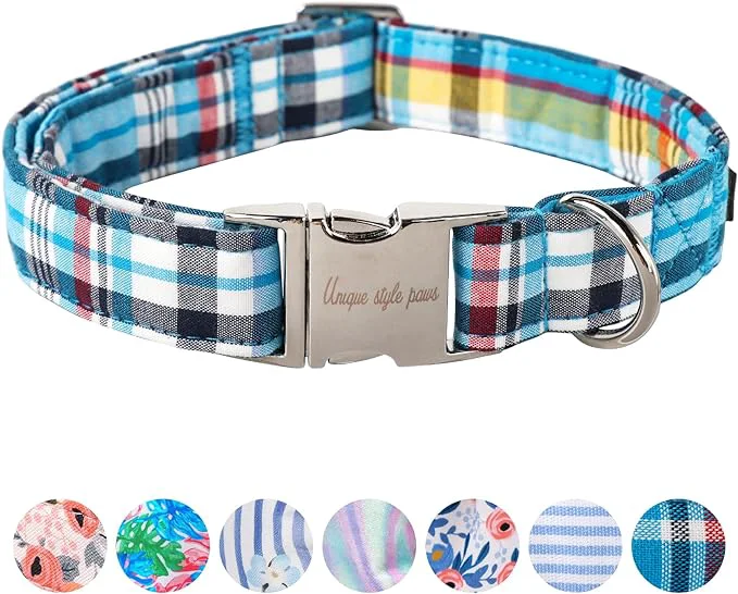 Solid Unique Style Paws Metal Buckle Blue Plaid Collar Premium