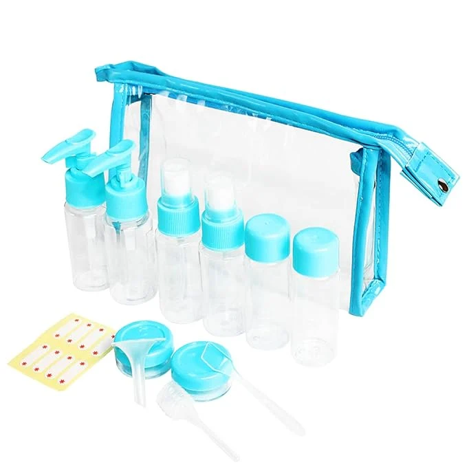Enhanced Vitog Travel Bottles Kit TSA Leak Proof Portable Toiletry Containers Set Clear flight size PET Cosmetic Containers for Lotion Shampoo Cream Soap Set of 11 Blue Plastic Professional