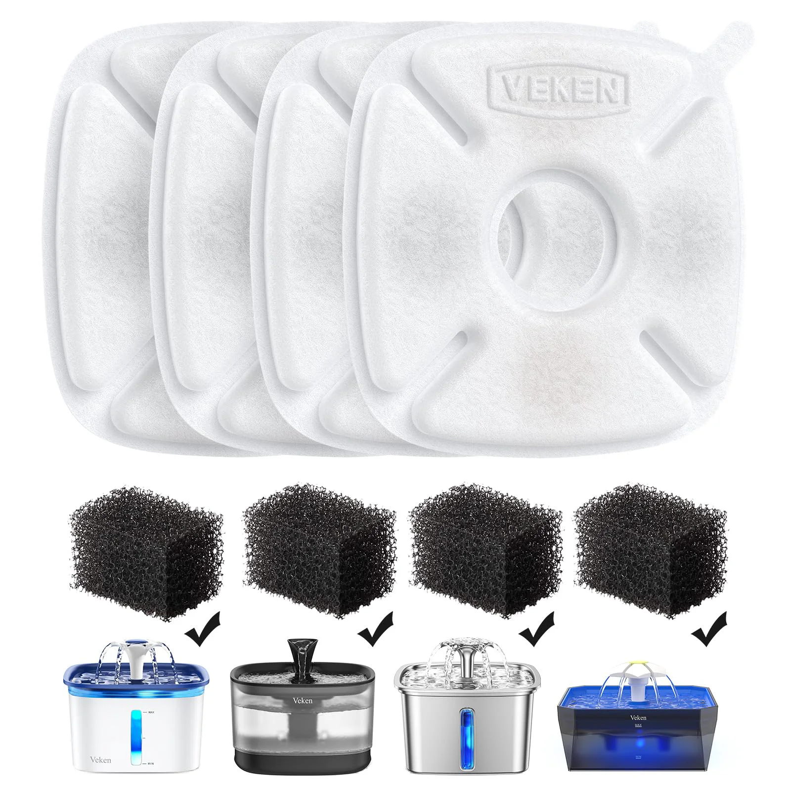 Durable Veken Cat Water Fountain Filter – 4-Pack Filters 4-Pack Pre-Filter Sponges Fits 50oz 84oz 95oz 108oz Modern