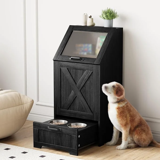 Refined Dog Feeding Station Dog Food Storage Cabinet Pet Feeding Station with 2 d Bowls Hidden Pet Feeder Station with Hooks Flip Top Pet Storage Organizer for Water Feeding Black About ThisOverview Modern