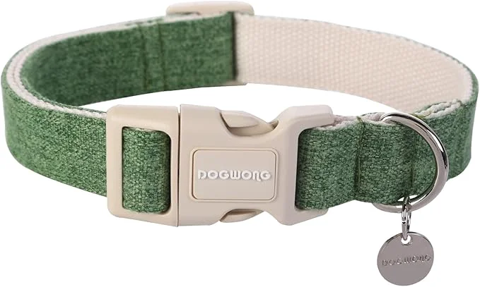 Certified DOGWONG Cotton Hemp Dog Collar Heavy-Duty Green Dog Collar Adjustable Soft Top-Quality