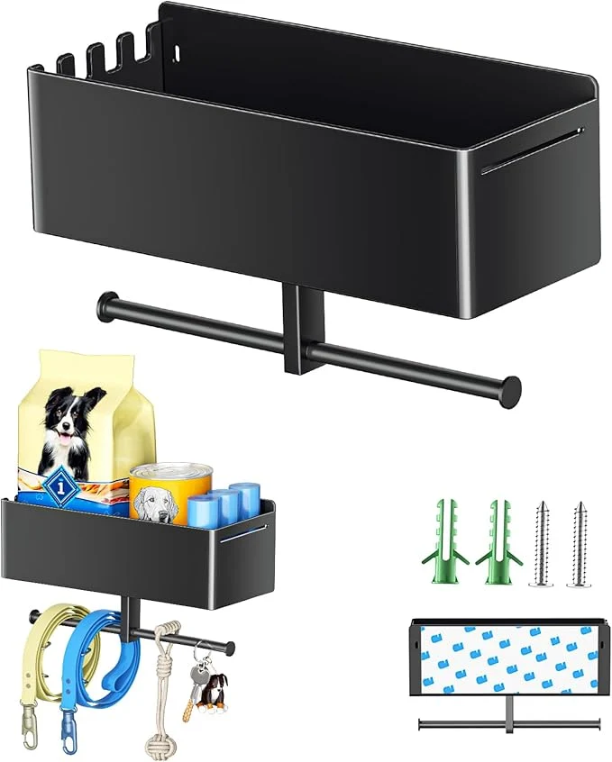 Superior Dog Leash Holder for Wall Dog Leash Hooks Wall Mounted Leashes Hangers Dog Storage Organizer Key Holder with Storage Shelf Pet Stuff Organizer for Pet Toys Collar Treats Poop Bag Black About ThisOverview World-Class