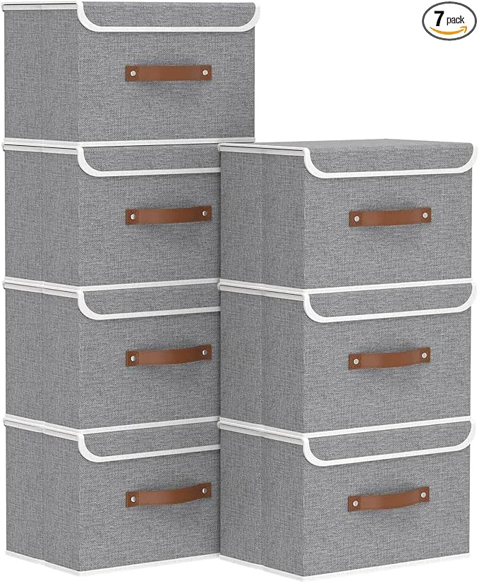 Excellent Yawinhe Collapsible Storage Bin Cube Organizer Basket Fabric Box with Lids Washable and Leather Handle for Home Closet Grey 15.0''Lx9.8''Wx9.8''H 7-Pack USNK024GL-7About ThisOverview Certified