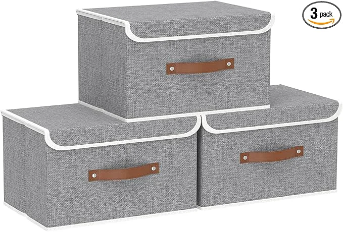 Detailed Yawinhe Collapsible Storage Boxes Foldable Bin with Lids Cube Clothes Organizer Basket with Handles Grey 13.0''Lx9.0''Wx7.9''H 3-Pack SNK024GS-3About ThisOverview Environmentally Friendly