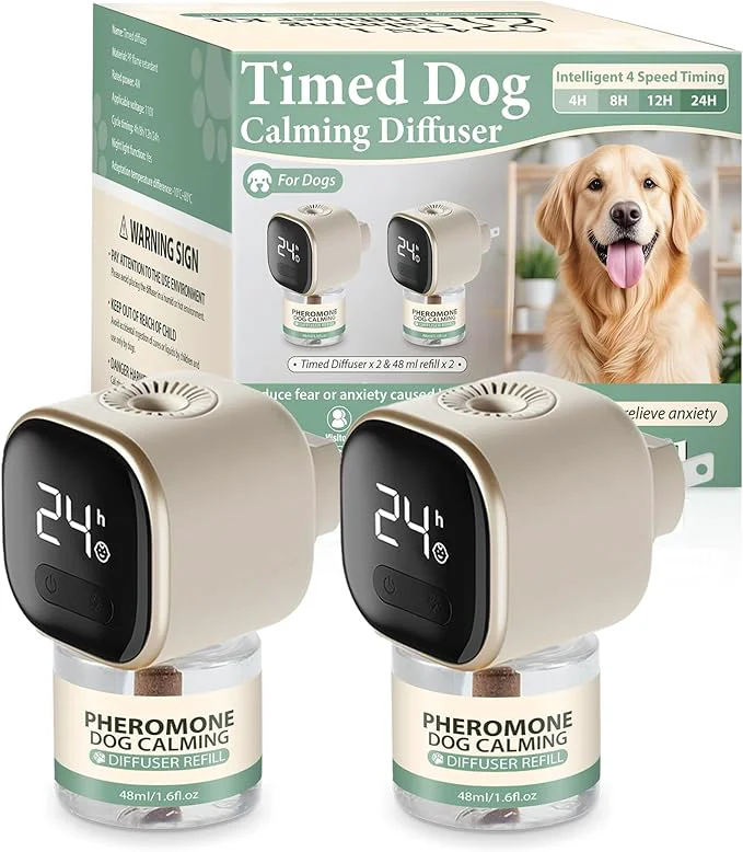 Long-Lasting Dog Calming Pheromones Diffuser 4 in 1 Appeasing Relaxing Diffuser with Timing Function Pet Kit 2 Plug in 2 Refill 48ml for Anxiety Relief Reduce Aggression Barking Fighting Stress Tasteless About This Original
