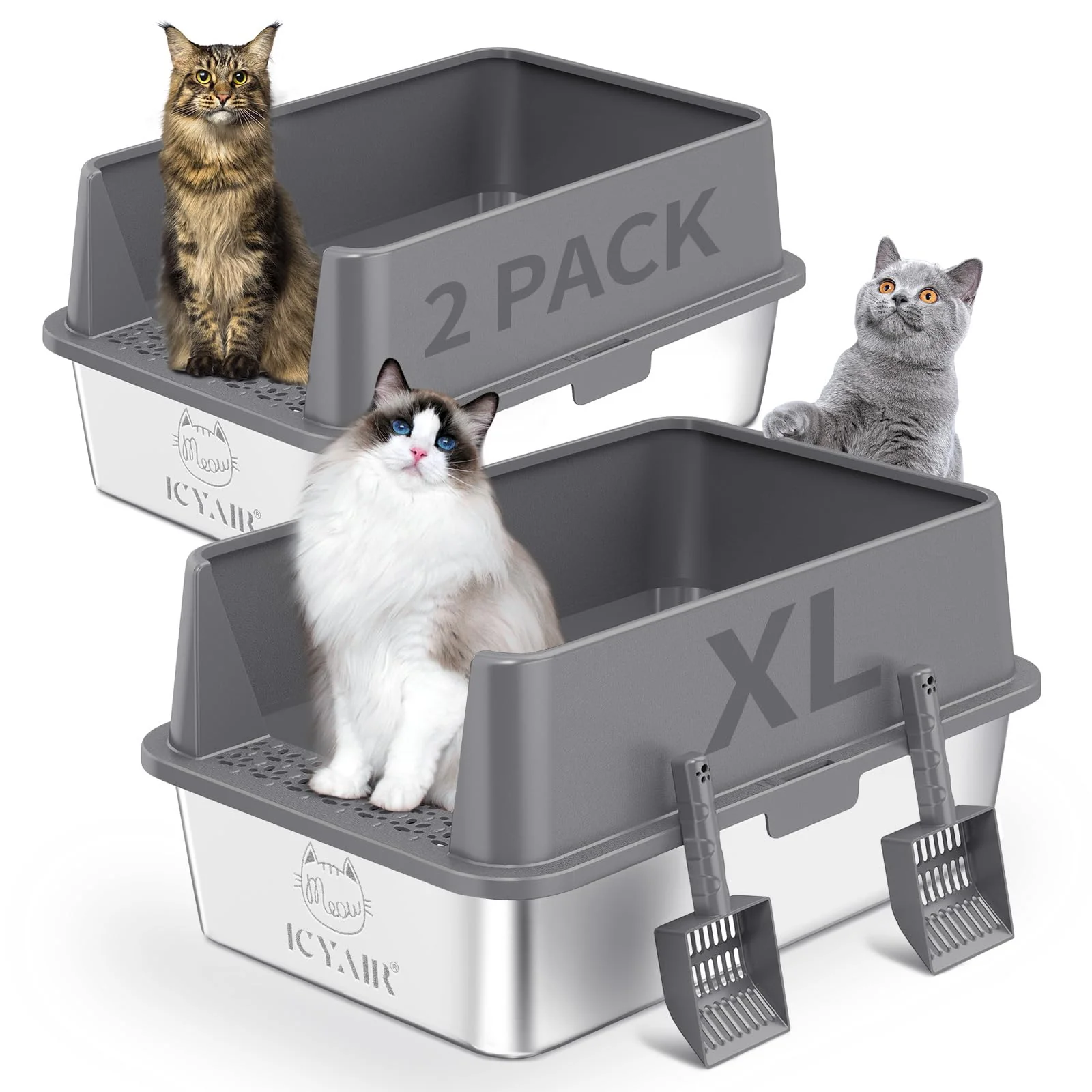 Trendy ICYAIR 2PACK Stainless Steel Cat Litter Box — Extra Large Leak-Proof Non-Stick with Scoop Included Top-Quality