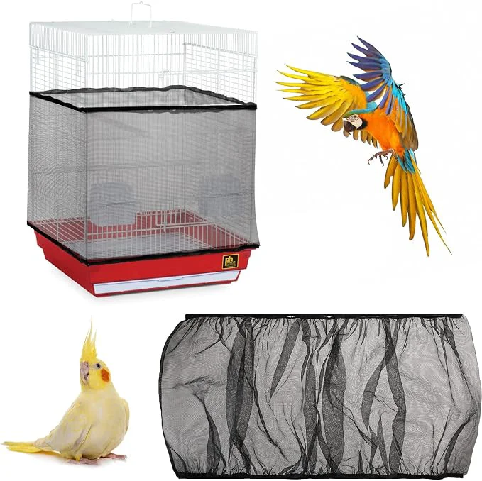 Luxury Adjustable Bird Cage Seed Catcher Net Cover Elastic Band Mesh Cover Black Long-Lasting
