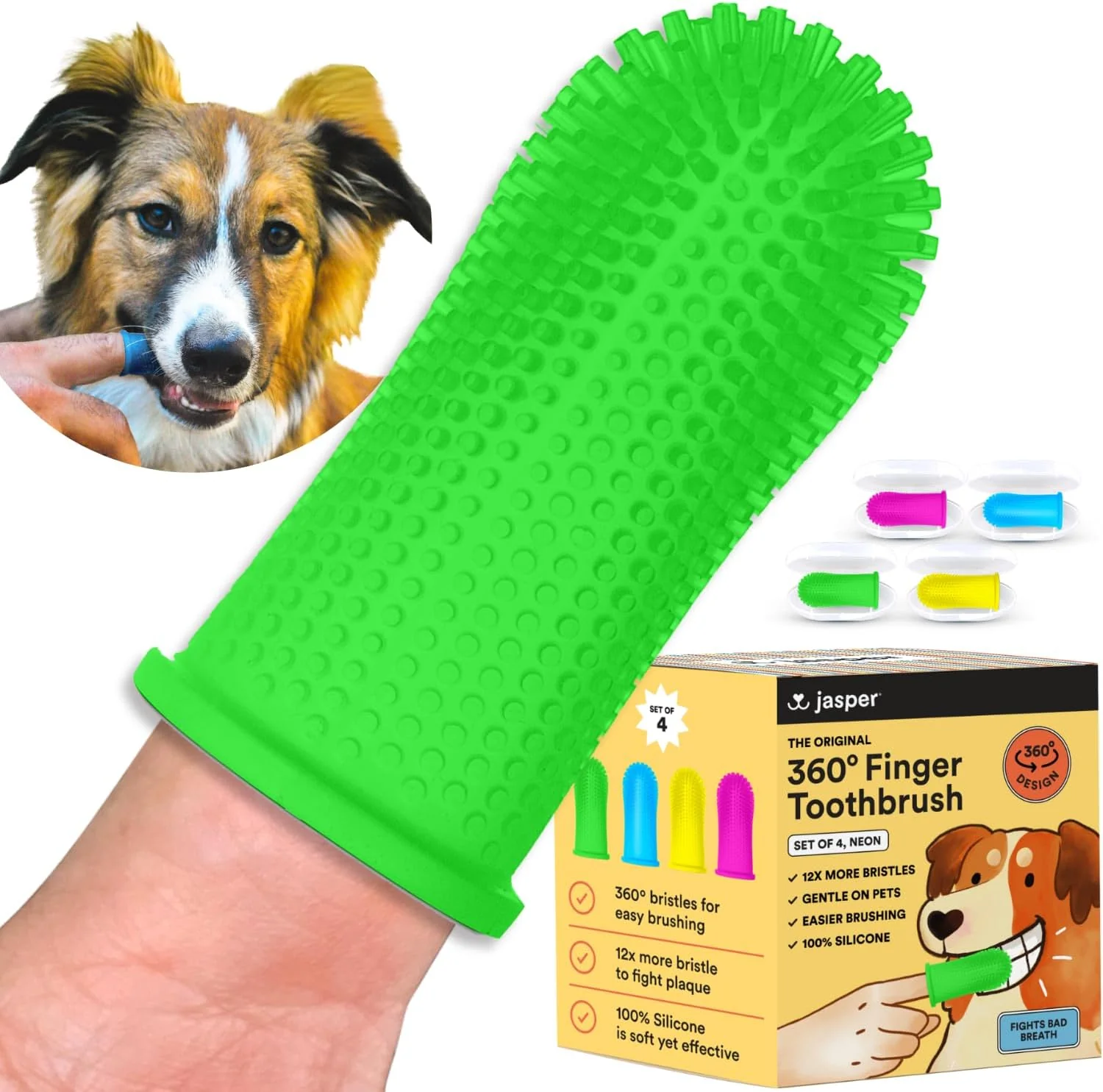 Smart Jasper Dog Toothbrush 360 Degree Pet Tooth Brushing Kit Cat Toothbrush Canine Dental Care Teeth Cleaning Kit Pet Finger Tooth Brush Use with Dog Toothpaste 4-Pack Neon Excellent