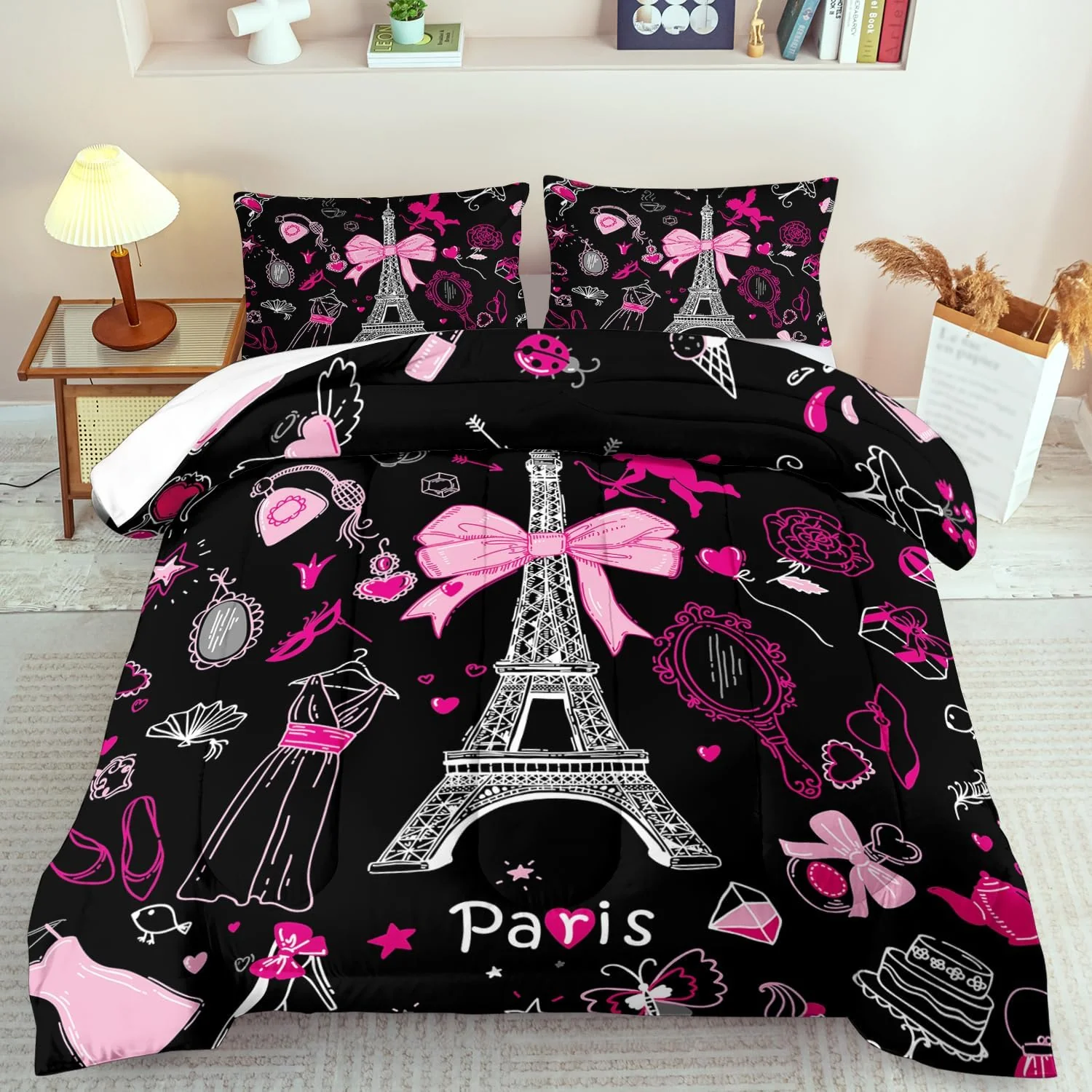 Classic Eiffel Tower Comforter Set Full Size Eiffel Tower Bedding Set for Girls Pink and Black Paris Themed Comforter Bedroom Decor Paris Quilt French Style Romantic Bedding Practical