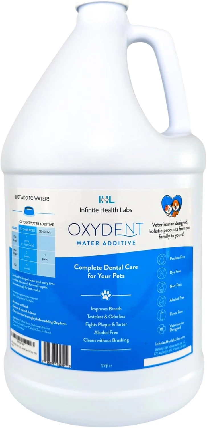 Carefully Designed Oxydent Premium Pet Dental Care Solution - Pet Water Additive Mouthwash for Teeth Cleaning - Eliminate Bad Dog Cat Bad Breath - Dog Dental Rinse - Fights Tartar Plaque - 1 Gallon Flexible