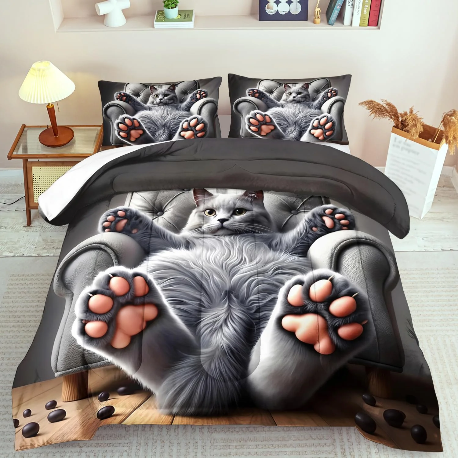 Trendy Cute Cat Comforter Set Twin Grey Kawaii Cat Bedding Set Adult Cute Animal Comforter for Boy American Shorthair Bedding Grey Kawaii Animal Print Quilt Bedroom Decor Kids Contemporary