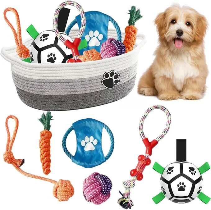Casual 7 Pcs Puppy Dog Toys Storage Basket Set Dog Gift Chew Toys Relaxed