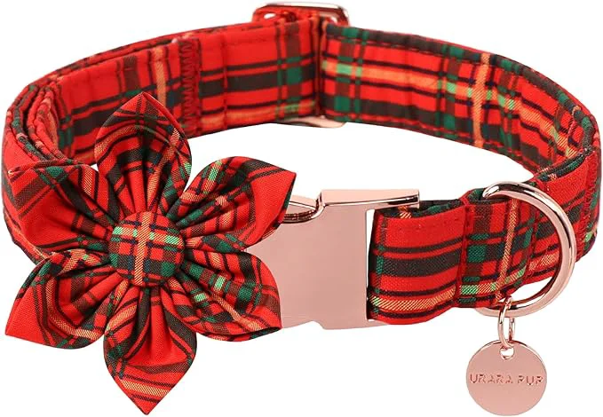 Clean Christmas Dog Collar with Flower Cotton Christmas Plaid Collar Selected