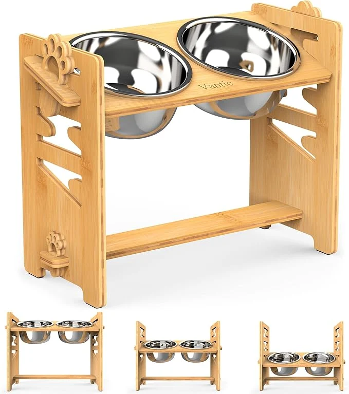 Relaxed Vantic d Dog Bowls Adjustable Raised Dog Bowl Stand for Large and XLarge Pet Sturdy Bamboo Food Feeder with 2 Stainless Steel Dishes NaturalAbout ThisOverview Premium Material