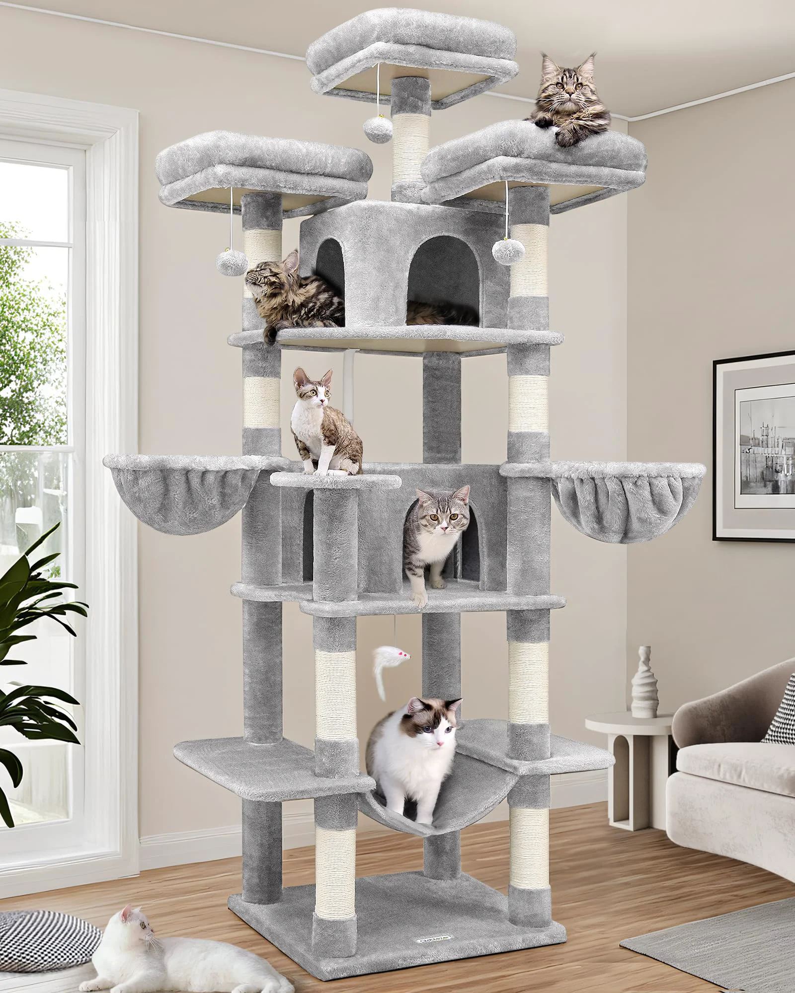 Clean Globlazer Big Cat Tower – 80in XXL Cat Tree with 9 Scratching Posts 3 Perches 2 Condos Hammocks Light Grey Enhanced