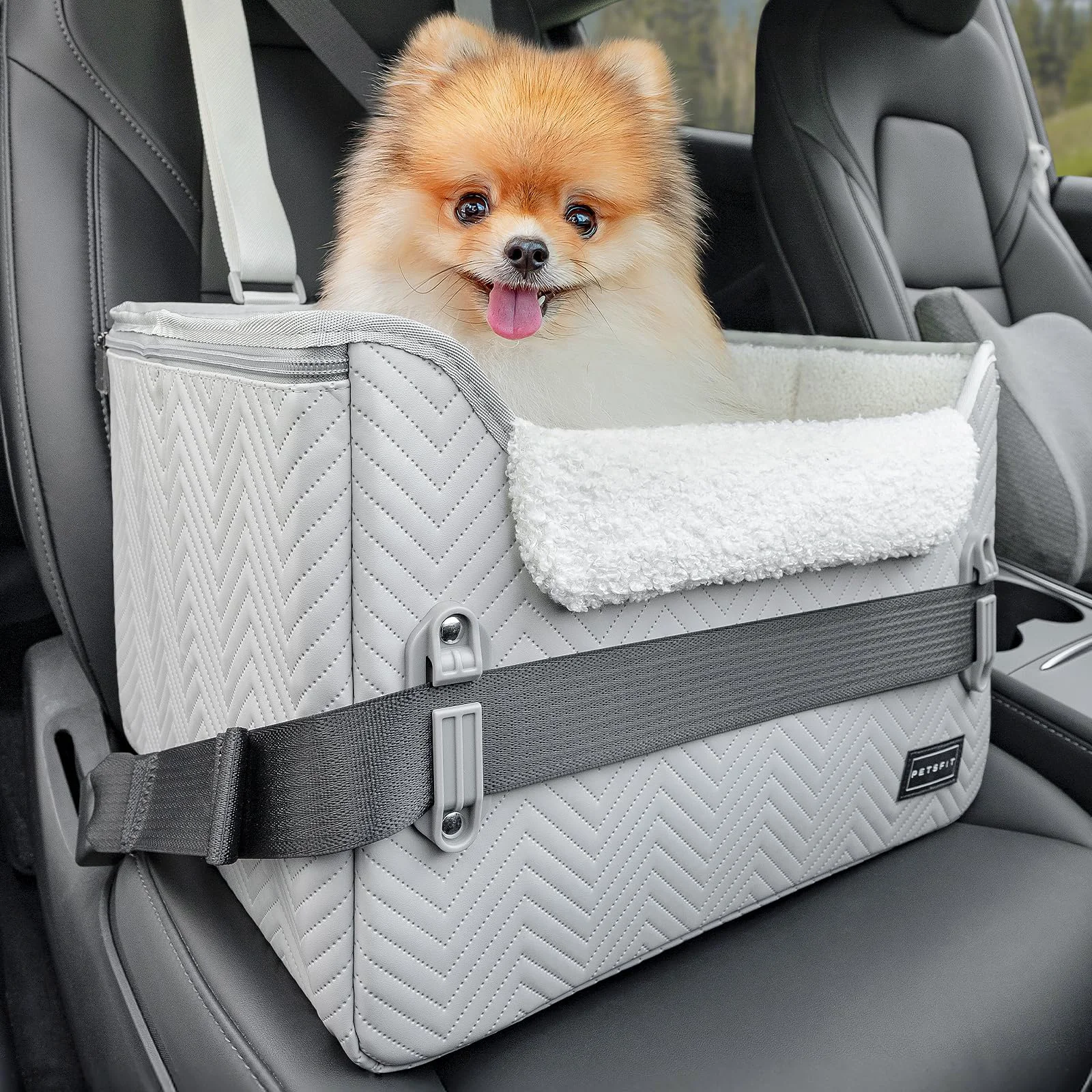 Solid PETSFIT Dog Booster Car Seat - Waterproof PU Leather Patented Buckles Up to 25 lbs High-Quality