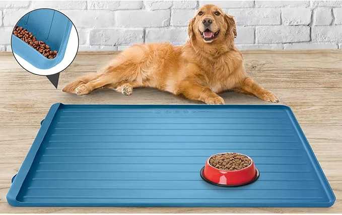 Contemporary Dog Mat for Food and Water - 39.4 x 27 Large Pet Feeding Mats with Residue Collection Pocket - Waterproof Dog Cat Bowl Mat with High Edges to Prevent Water and Food Spills Navy About ThisOverview Excellent