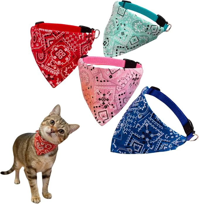 Powerful Cat and Puppy Bandana Collar Set 4 Pack Adjustable Cotton Pet Neck Scarves Detailed