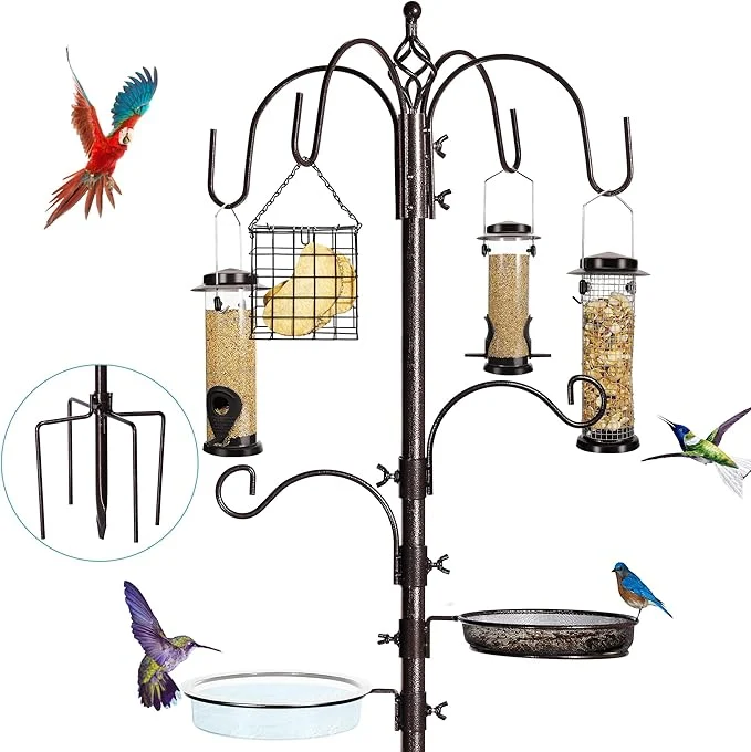 Expertly Made 6-Hook Bird Feeding Station Kit Wild Bird Feeder Stand Pole Bird Bath and Superior
