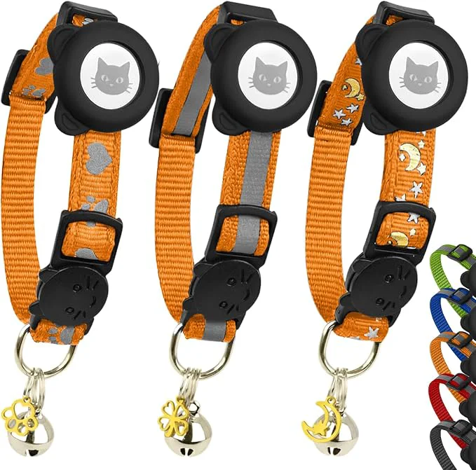 Convenient Cat Collar with AirTag Holders Reflective Breakaway Safety Collars Bells and Natural