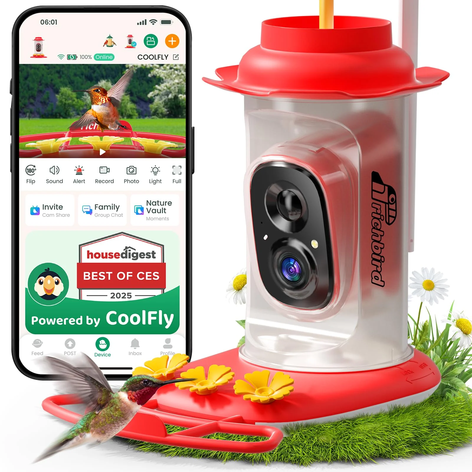 Secure RichBird Smart Hummingbird Feeder with Camera — Solar Powered AI ID Instant Notifications 20 oz Modern