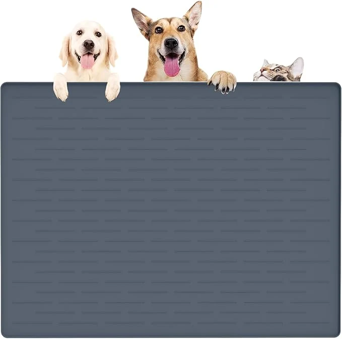 Authentic 39.4 x29.5 Largest Pet Food Mat Silicone Dog Mats for Food and Water Nonslip Pet Feeding Mats for Floors Dog Cat Bowl Mat with Raised Edges Gray BlueAbout ThisOverview Trusted