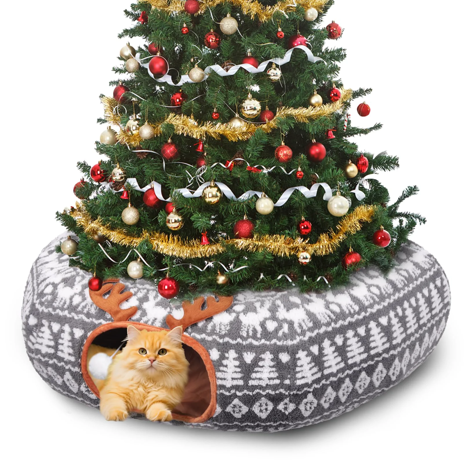 Solid Petrendy Christmas Cat Tunnel Bed – Cozy Cat Tunnel Xmas Tree Skirt Traditional
