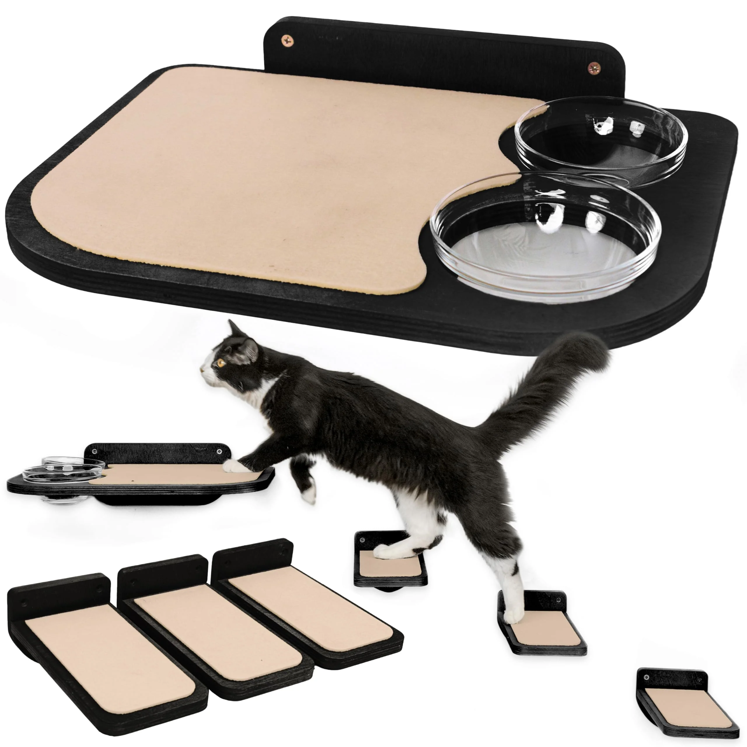 Unique INICIO Cat Wall Shelves – Dog-Proof Feeding Station Birch 3-Step Floating Shelves for Cats Up to 15lbs – Black Flexible
