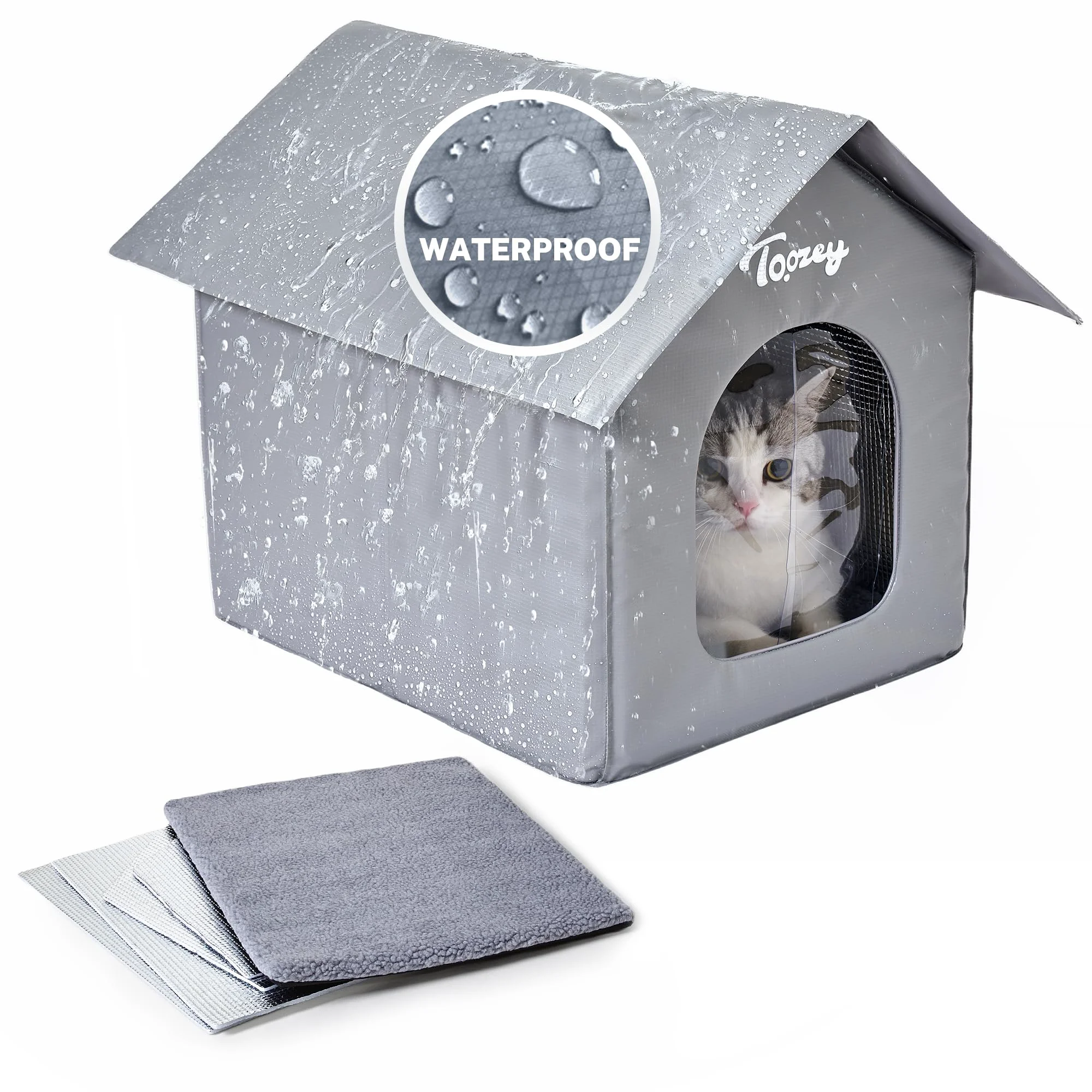 Next-Generation Toozey Insulated Outdoor Cat House – Weather-Resistant Shelter with 4 Bonus Insulation Sheets Grey Elite