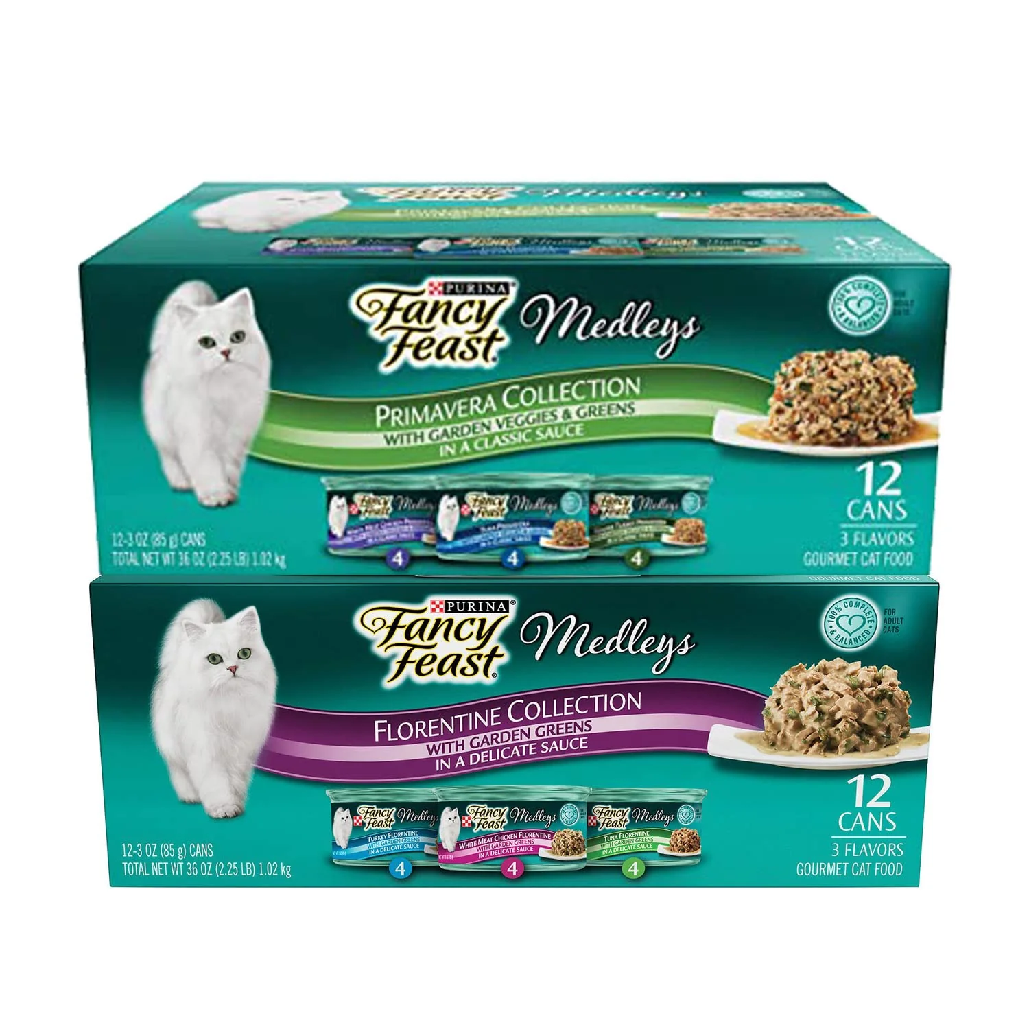 Unique Fancy Feast Duo Premavera Florentine Wet Medleys Set — 24 Cans Excellent