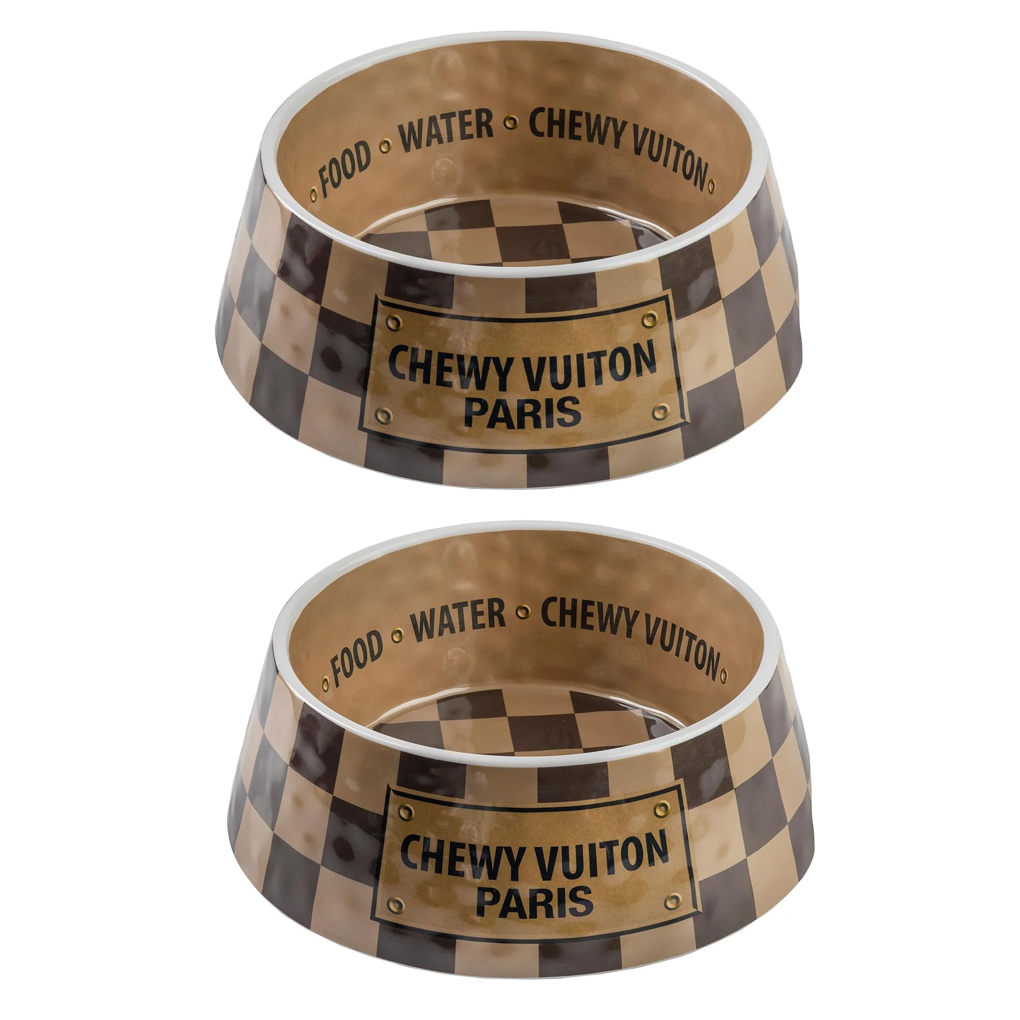 Soft Haute Diggity Dog Checker Chewy Vuiton Dog Bowl Set — BPA- Non-Skid Dishwasher Safe 2-Pack Medium Crafted