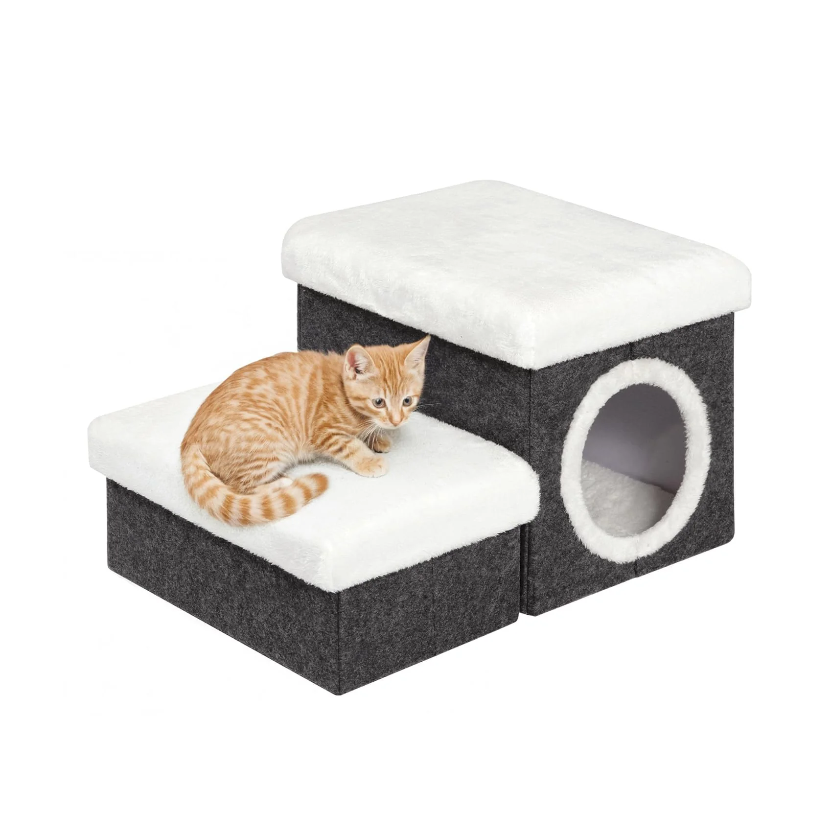 Green B FSOBEIIALEO Cat House 2-Tier Foldable Pet Steps with Storage – Grey Easy-to-Use