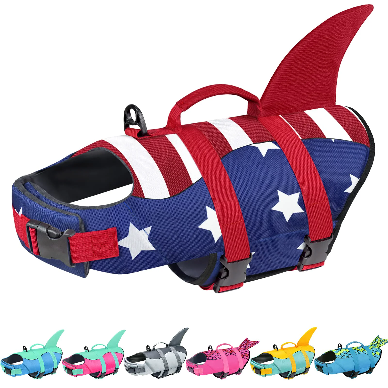 Clean Malier Dog Life Jacket – American Flag Shark Design High Buoyancy Vest for Small–X-Large Dogs Artisan