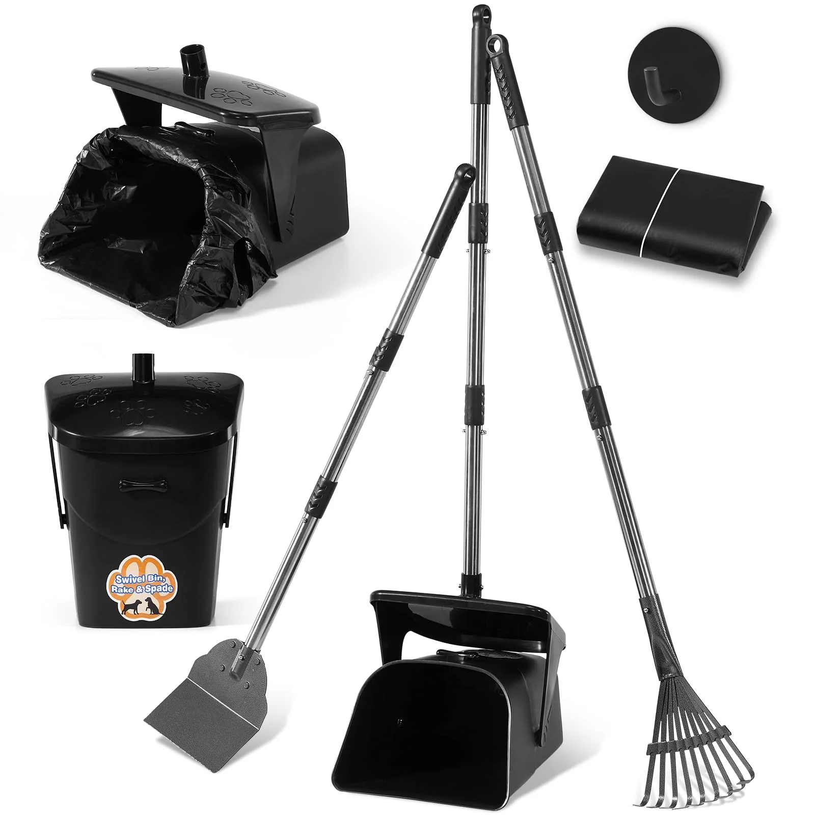 Artisan Ulugt Stainless Steel Dog Pooper Scooper – 40-inch Long Handle Odor-Proof Swivel Bin Rake Spade 20 Bags Included Fine Crafted