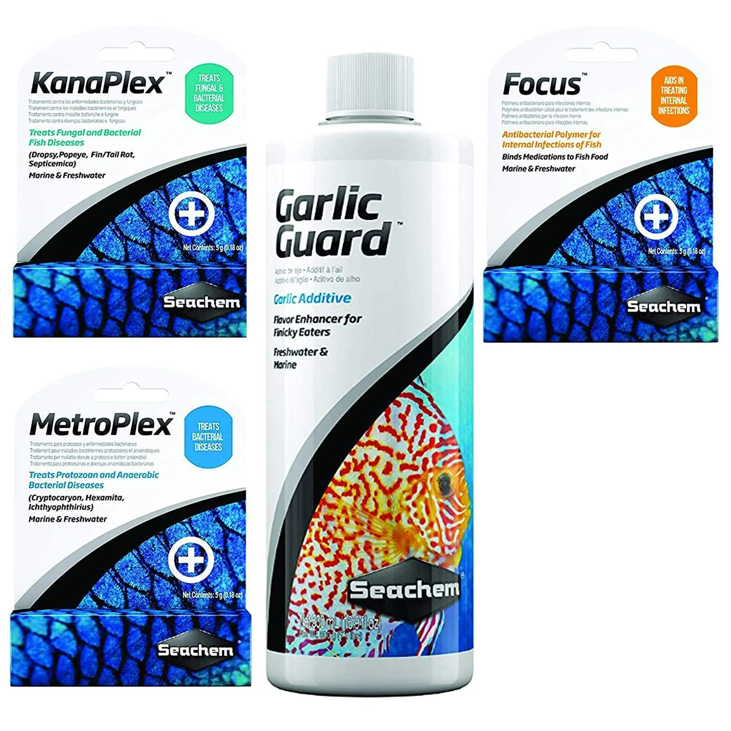 Modern Seachem Treatments Aquarium Treatment Bundle - MetroPlex Kanaplex Focus Garlic Guard Next-Generation