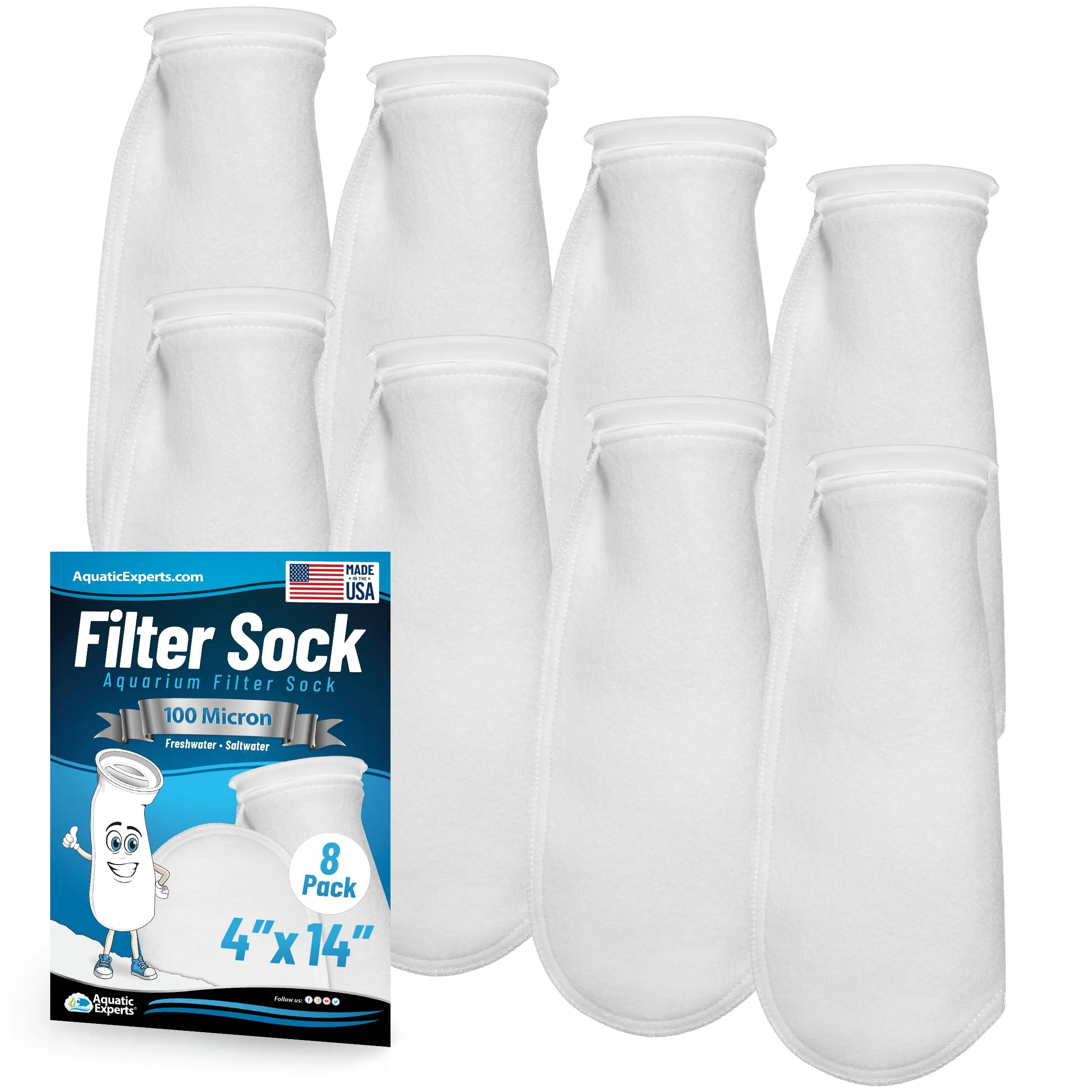 Casual Aquatic Experts 4-Inch Ring 100 Micron Filter Sock — Saltwater Reef Freshwater Aquarium 8-Pack Soft