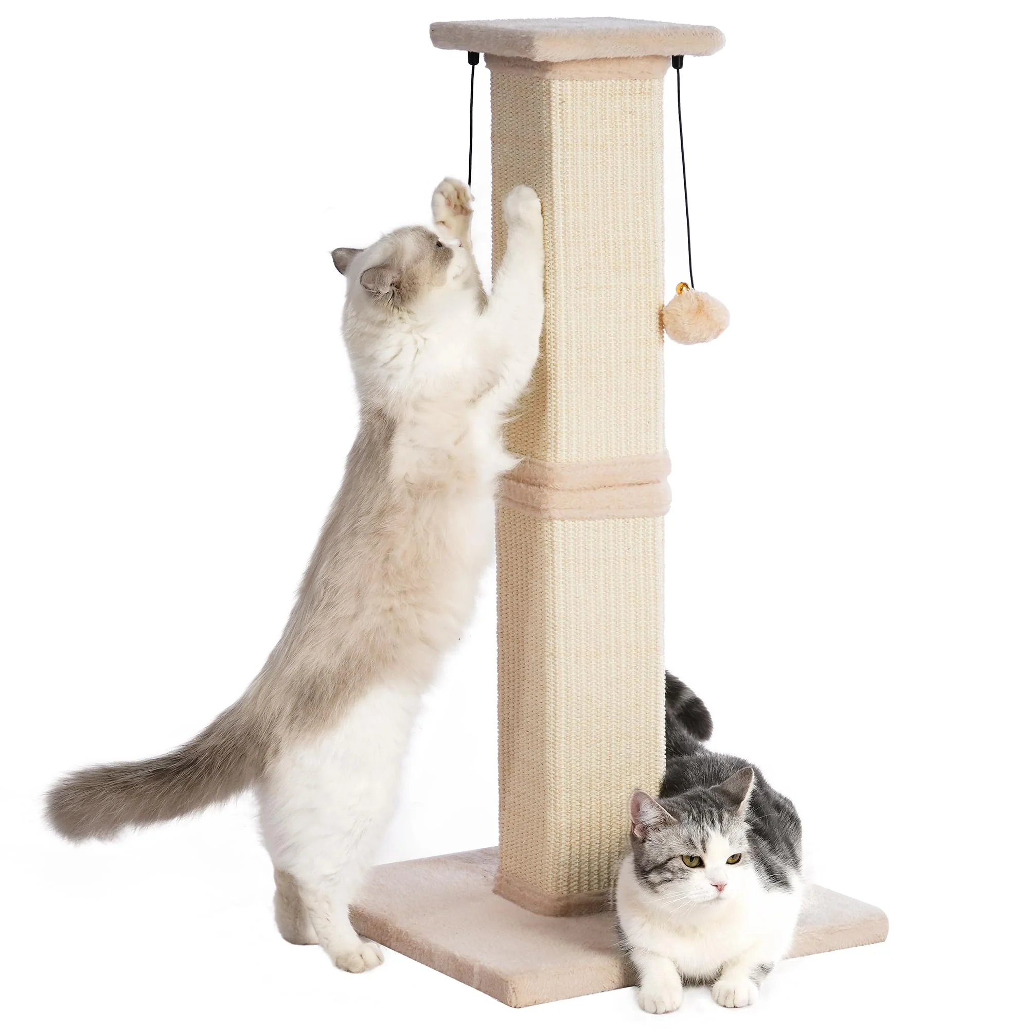 Contemporary Pawfessor 33-Inch Large Cat Scratching Post with Heavy-Duty Base – Sisal Scratcher Hanging Balls Beige Solid