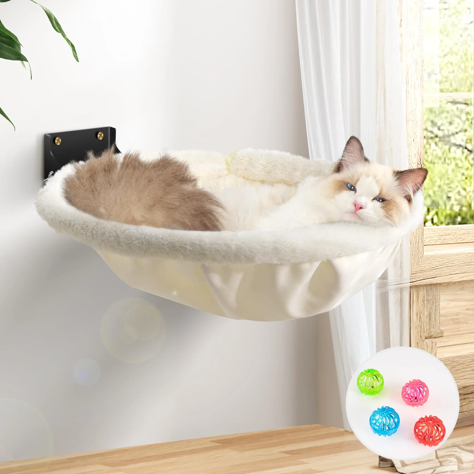 Safe JUNSPOW Cat Hammock Wall Mounted — Foldable Stable Cozy Cream Faux Rabbit Fur Durable