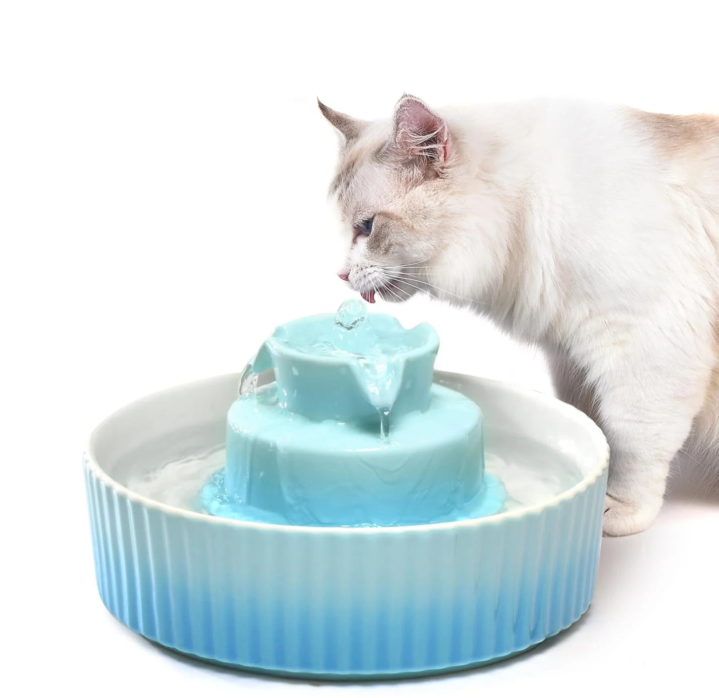 Selected NautyPaws Ceramic Cat Water Fountain - 2.1 L Quiet Dual Filtration Sky Blue Classic