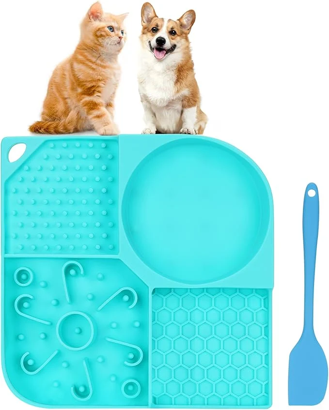 Classic Lick Mat for Dogs 4-in-1 Slow Feeder Bowl with Non-Slip Suction Cup Food-Grade Silicone Lick Pads for Cat Anxiety Fast Eating Grooming-AquaAbout ThisOverview Detailed
