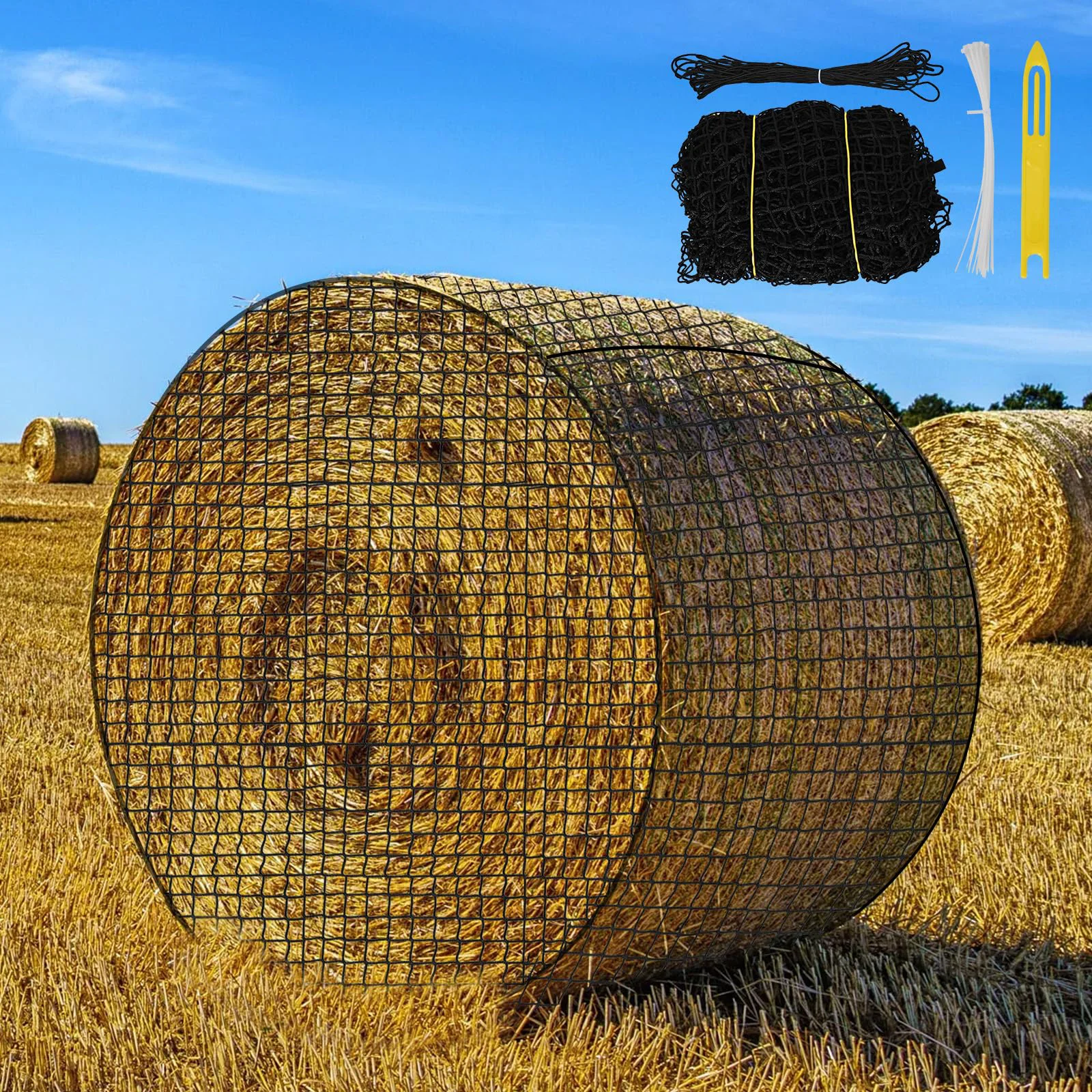 Organic Kingump 5x5 ft Round Bale Hay Net for Horses Goats – 1.5-inch Hole Slow Feeder with Repair Tool Eco-Friendly