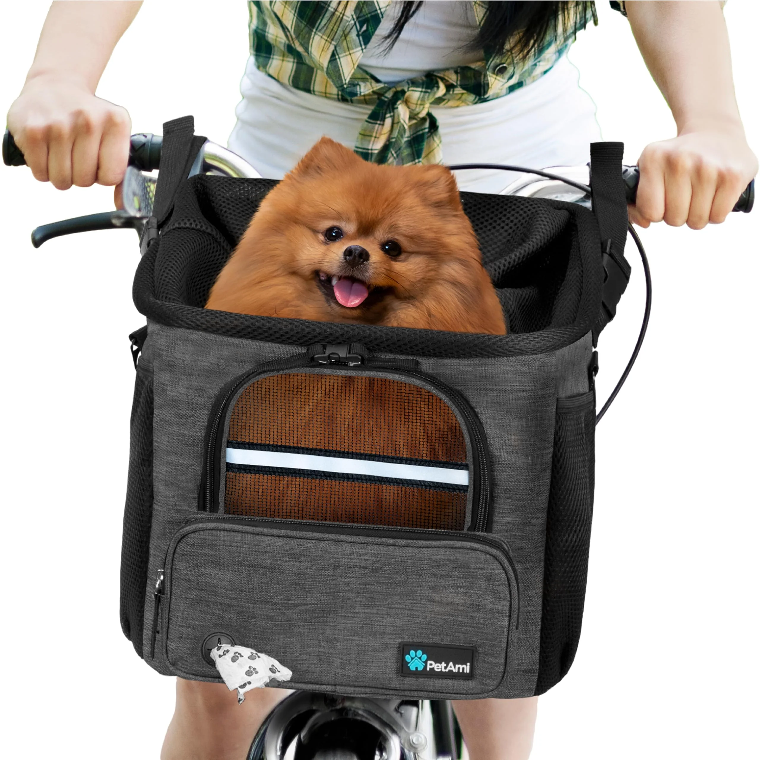 Lightweight PetAmi Dog Bike Basket – Soft-Sided Ventilated Carrier for Bike Handlebar Up to 18 lbs Dark Gray Secure