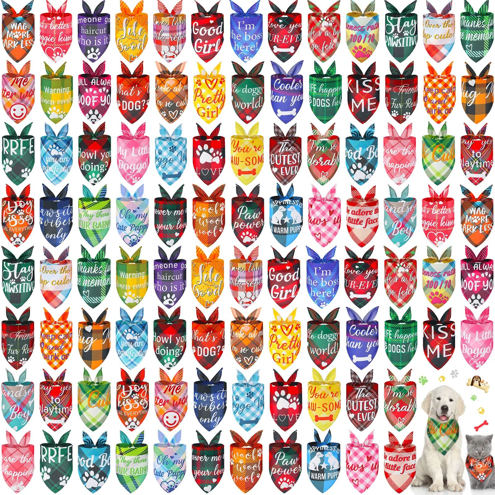 Carefully Designed Sweetude 100 Pcs Plaid Dog Bandanas with Captions — Bulk Paw Print Pet Scarves for Small to Medium Dogs Cats Original