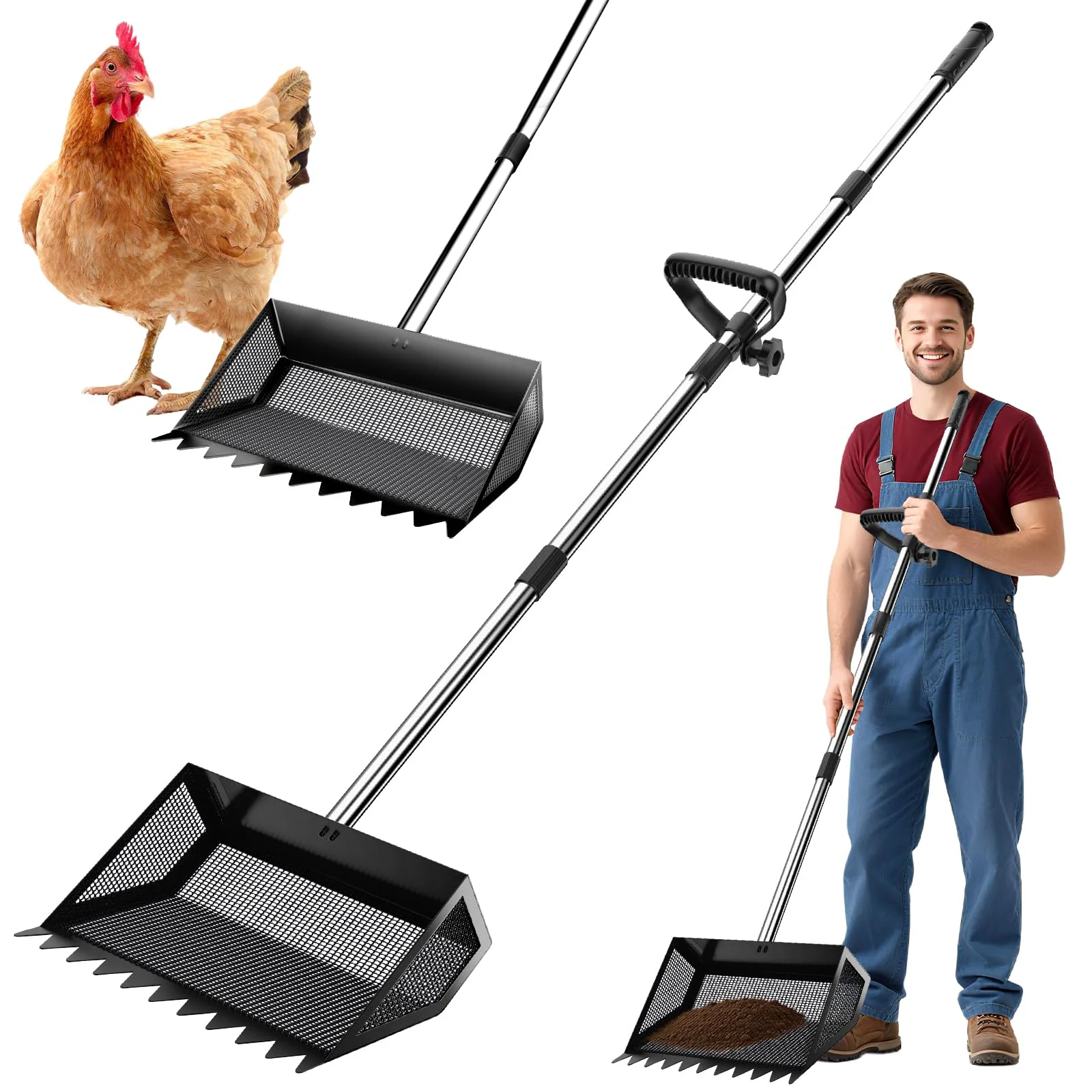 Expertly Made VEEMI Chicken Poop Scooper Rake 2-in-1 — Adjustable 35-65in 304 Stainless Steel 10-Inch Shovel Head Flexible