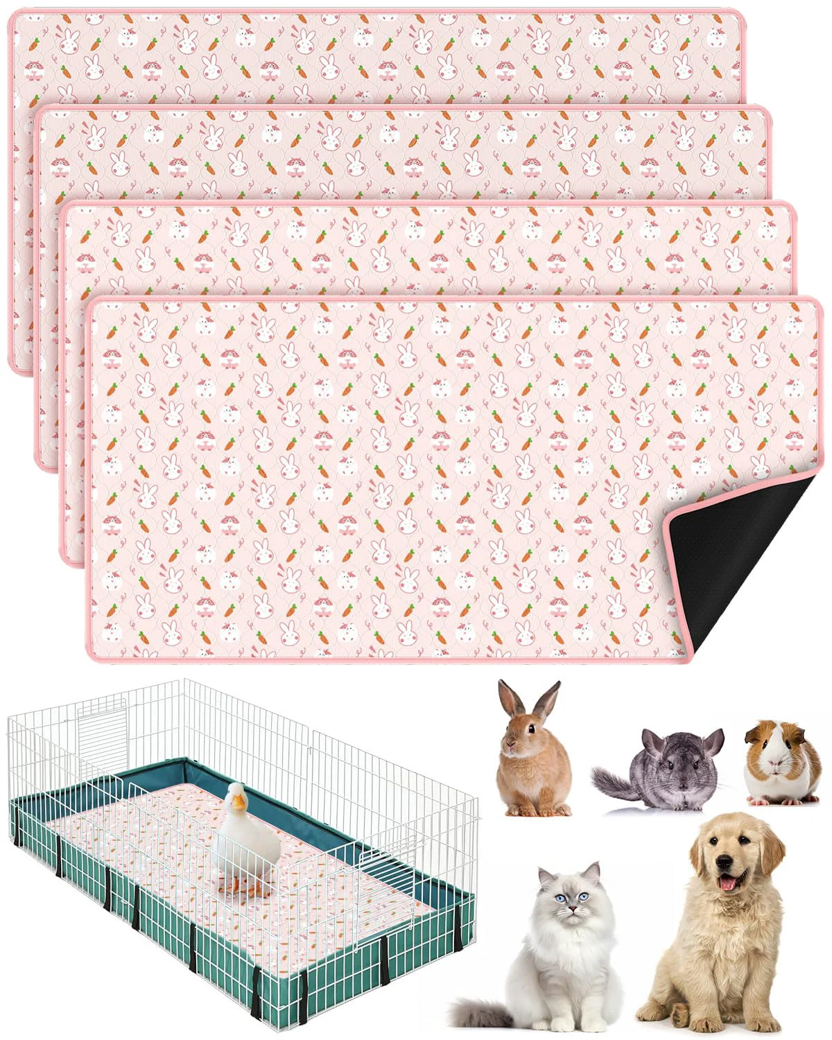 Prestigious Bissap 4 Packs Guinea Pig Cage Liners – 47''x24'' Washable Non-Slip Pee Pads Reusable Bedding for Small Animals Healthy