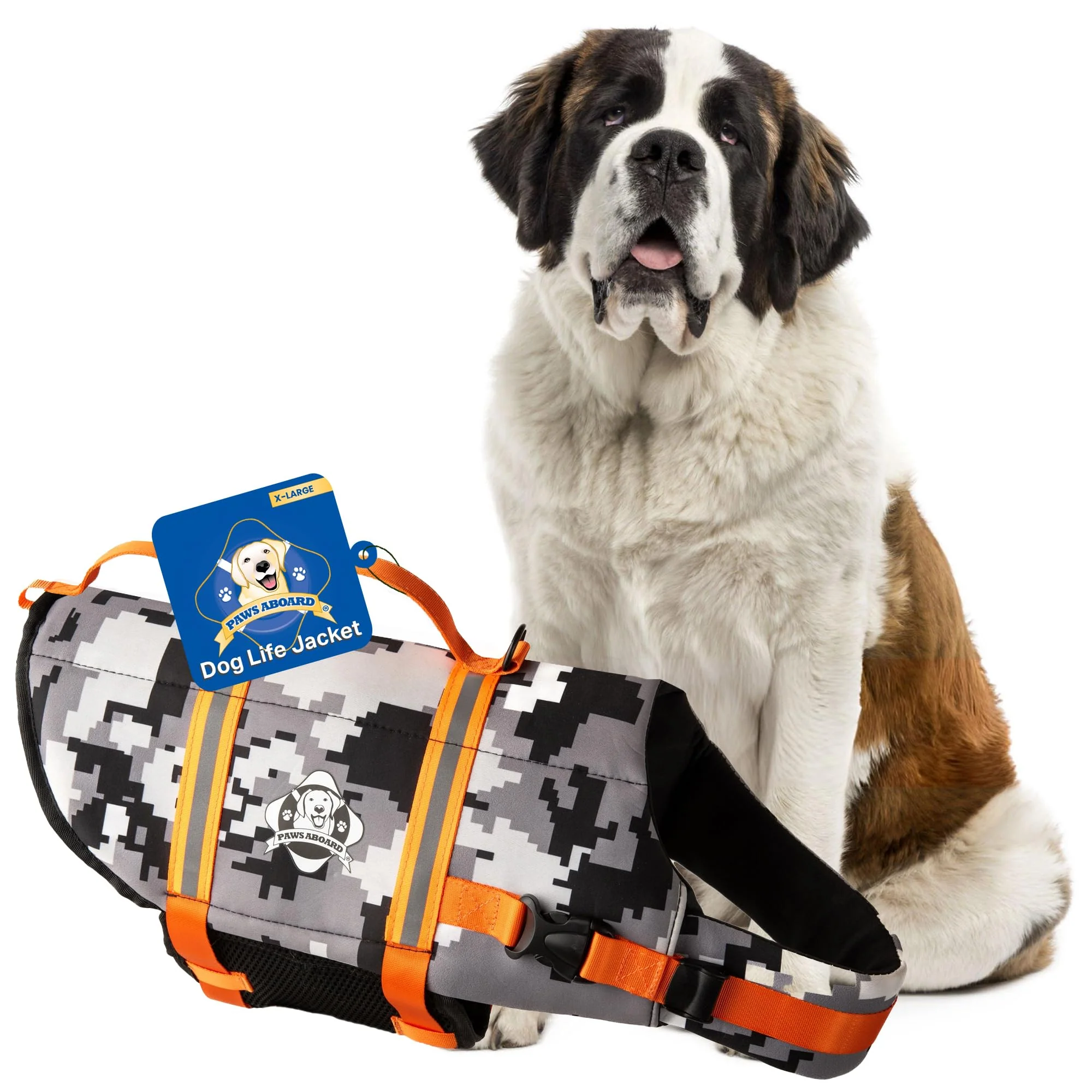 Certified Paws Aboard Dog Life Jacket – Adjustable Reflective Swimming Vest for Dogs Grey Camo Orange X-Large Fast